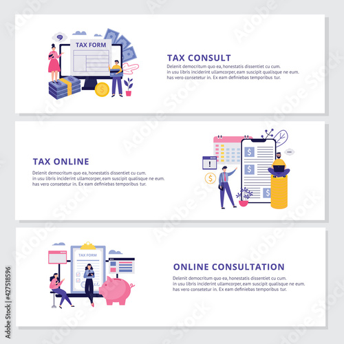 Set banners for tax consultant online service, flat vector illustration.