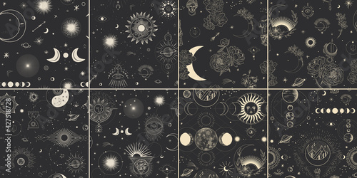 Vector illustration set of moon phases. Different stages of moonlight activity in vintage engraving style. Zodiac Signs, shining crystals, female hand