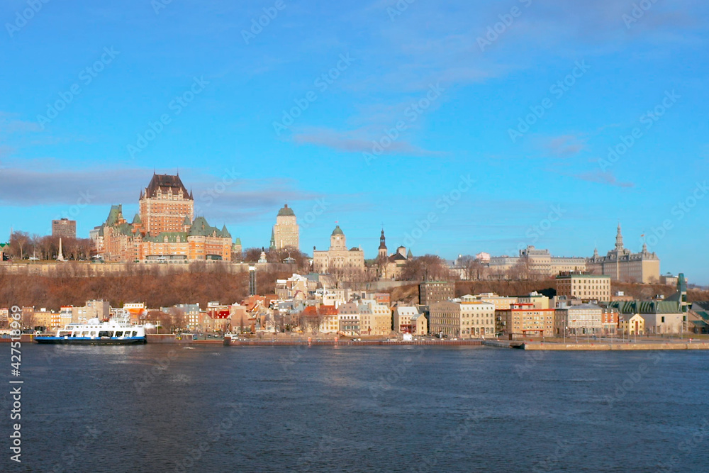 Quebec City skyline and ferry from drone in spring, Canada