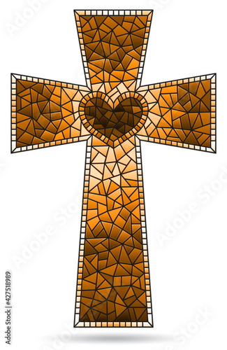 Illustration in stained glass style with bright Christian crosses with heart isolated on white background, monochrome,tone brown