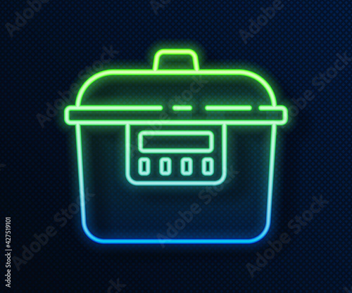 Glowing neon line Slow cooker icon isolated on blue background. Electric pan. Vector