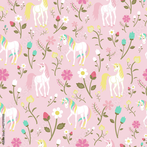 Fototapeta Naklejka Na Ścianę i Meble -  cute seamless pattern, unicorns with berries and flowers