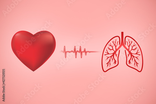 3d illustration with red hearts and lung on isolated background.