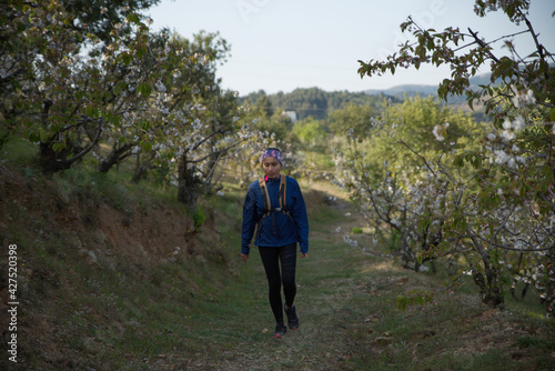 Woman in sportswear and backpack walking through a cherry bush plantation. © Gusta Cabrera