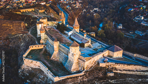 Aerial view of Kamianets Podilskyi fort in sunlight