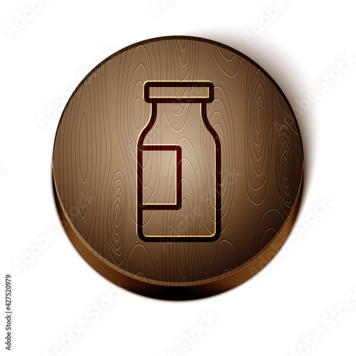 Brown line Closed glass bottle with milk icon isolated on white background. Wooden circle button. Vector