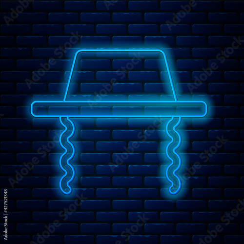 Glowing neon line Orthodox jewish hat with sidelocks icon isolated on brick wall background. Jewish men in the traditional clothing. Judaism symbols. Vector