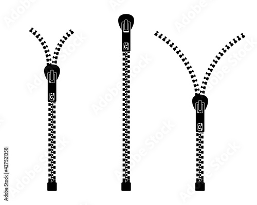 Zipper vector set . Zipped and unzipped. Element for clothes and design
