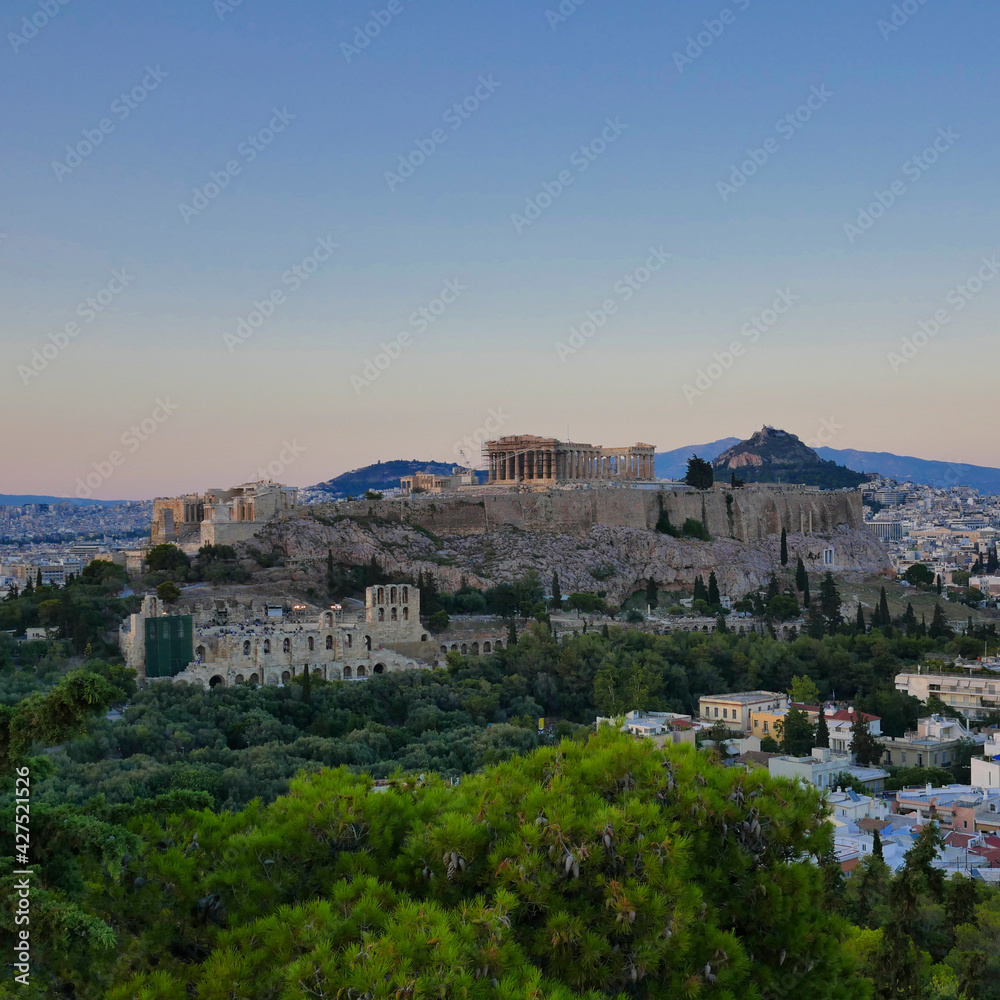 Acropolis of Athens Greece under dramatic sky, scenic view