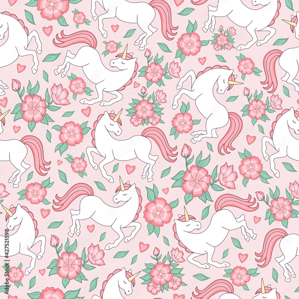 seamless pattern with sleeping unicorns and flowers