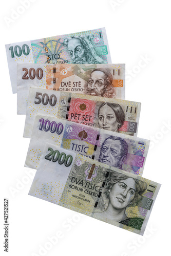 Czech crowns banknotes on white background