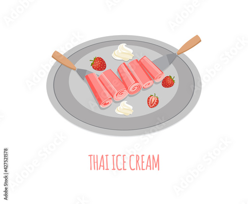 Strawberry flavor Thai stir-fried ice cream flat vector illustration isolated.