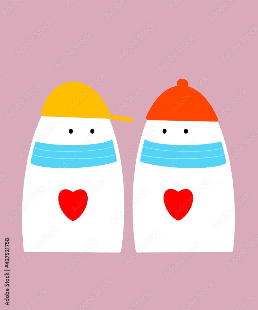 Love Theme Whimsical Mask Couple Red Hearts on Pink Background Covid-19 Pandemic Time Love Theme Whimsical Mask Couple Red Hearts on Pink Background Covid-19 Pandemic Time