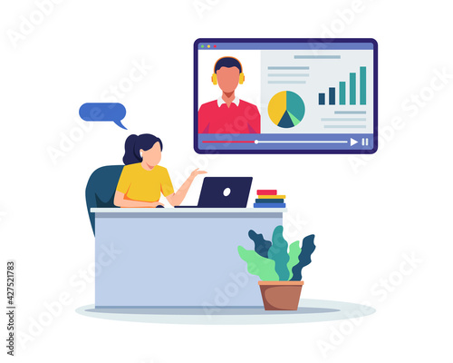 Student learning online at home. Woman sitting at desk, Looking at laptop and studying with online course. Video lesson, E-learning concept. Distance learning or Online test. Vector in a flat style