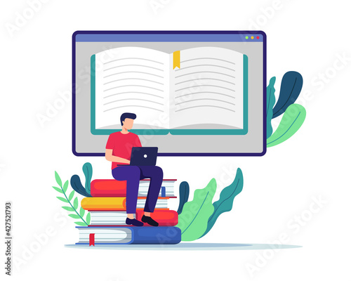 Student learning online. Young man sitting on large books, Working on test, Writing, Reading books. Student watching online courses, E-learning, Online training, Studying at home. Vector in flat style