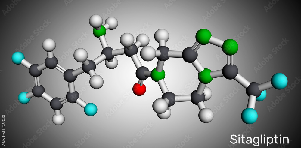 Sitagliptin anti-diabetic medication drug molecule. It is trifluorobenzene  and triazolopyrazine with hypoglycemic activity. Molecular model. 3D rendering