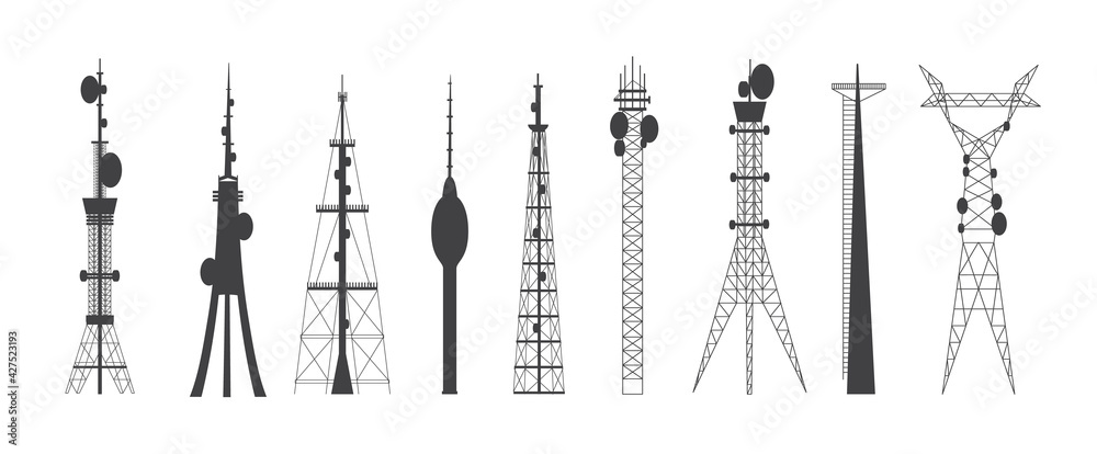 Set of telecommunication connection towers flat vector illustration isolated.
