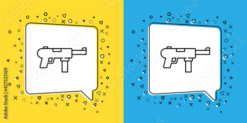 Set line Submachine gun M3, Grease gun icon isolated on yellow and blue background. Vector