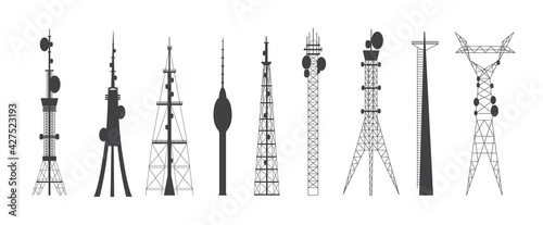 Set of telecommunication connection towers flat vector illustration isolated.