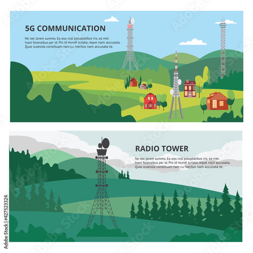 Set banners with 5G communication and radio towers flat vector illustration.