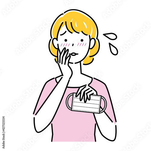 マスクの着用が原因で肌荒れになってしまった女性 イラスト シンプル ベクター