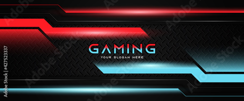 Futuristic red and blue abstract gaming banner design template with metal technology concept. Vector illustration for business corporate promotion, game header social media, live streaming background