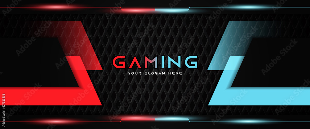Futuristic red and blue abstract gaming banner design template with metal technology concept. Vector illustration for business corporate promotion, game header social media, live streaming background Futuristic red and blue abstract gaming banner design template with metal technology concept. Vector illustration for business corporate promotion, game header social media, live streaming background