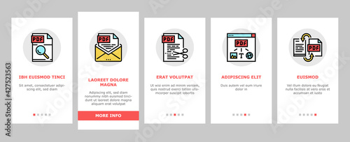 Pdf Electronic File Onboarding Mobile App Page Screen Vector. Pdf Document Format Cut And Archiving, Locked And Editing, Download And Save Illustrations