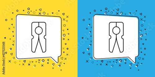 Set line Old wood clothes pin icon isolated on yellow and blue background. Clothes peg. Vector