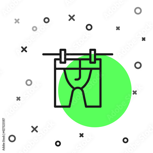 Black line Drying clothes icon isolated on white background. Clean shirt. Wash clothes on a rope with clothespins. Clothing care and tidiness. Vector