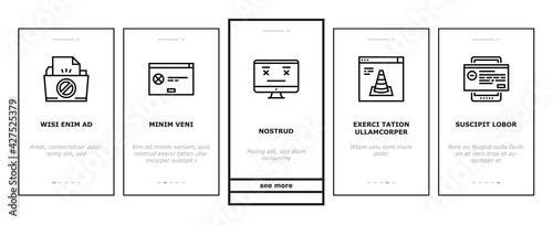 Not Found Web Page Onboarding Mobile App Page Screen Vector. 404 Error And Not Found Internet Site, Lost Wire And Wireless Wifi Connection Illustrations