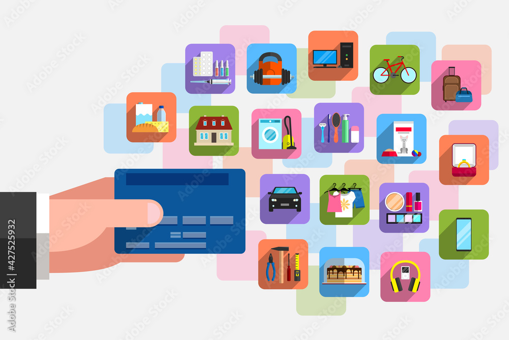 Bank plastic card and plenty of icons of goods around it Bank plastic card and plenty of icons of goods around it