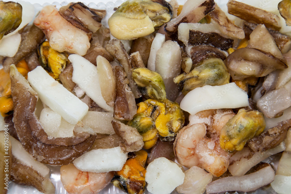 Sea cocktail quick-frozen from shrimps, mussels, lobsters, squid, useful products vitamins.
