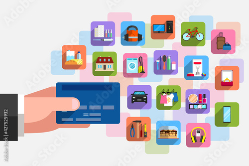 Bank plastic card and plenty of icons of goods around it