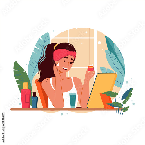 Happy beautiful young woman girl with healthy skin using face mask or protective cream. Skincare and dermatology. Cream bottles for acne, pimples, blackhead, allergy. Flat cartoon vector illustration.