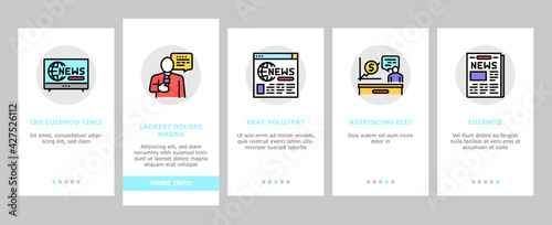 News Broadcasting Onboarding Mobile App Page Screen Vector. Reporter Interview And Television, Financial And Sport News, Radio And Newspaper Illustrations