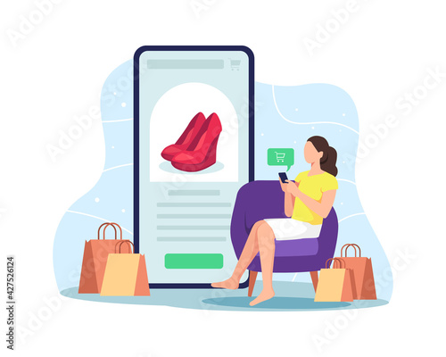 Woman shopping online concept. Woman sitting on the couch, Shopping online at home using mobile phone. Customer selects the goods to order, Girl with smartphone next to paper bags. Vector flat style