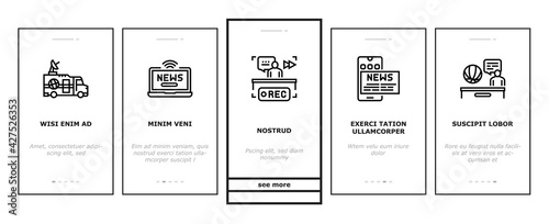 News Broadcasting Onboarding Mobile App Page Screen Vector. Reporter Interview And Television, Financial And Sport News, Radio And Newspaper Illustrations