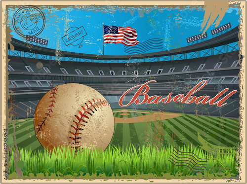 Baseball vintage ball, mitt, bat. Retro postcard. Baseball ball diamond with green grass and USA Flag


