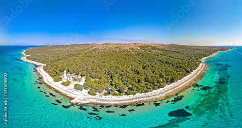 Island of Vir archipelago lighthouse and beach aerial panoramic view