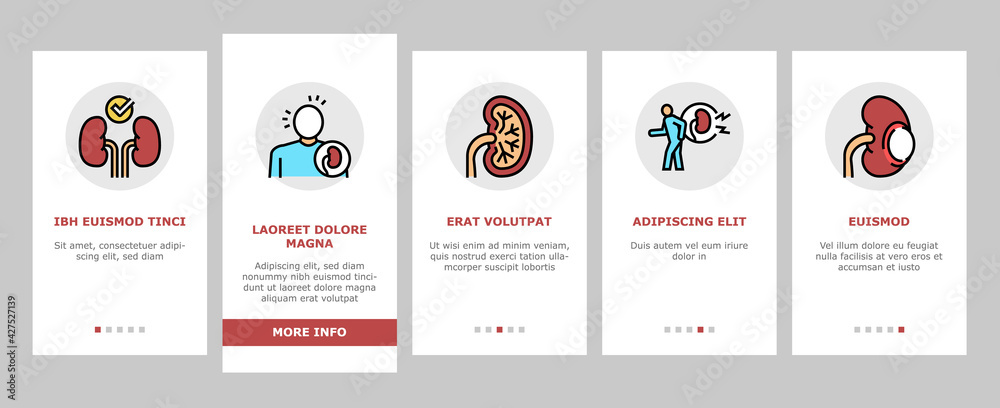 Nephritis Kidneys Onboarding Mobile App Page Screen Vector. Kidneys Stones And Infection, Cancer And Cyst, Bloody Urine And Frequent Urination Illustrations