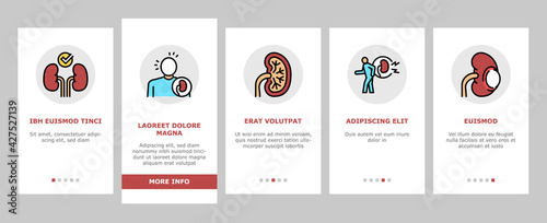 Nephritis Kidneys Onboarding Mobile App Page Screen Vector. Kidneys Stones And Infection, Cancer And Cyst, Bloody Urine And Frequent Urination Illustrations