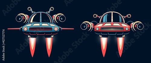 Sci-fi Spaceship flying. Fantastic flying car. Vector retro illustration.
