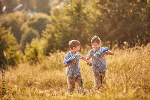 Twin boys play in the summer in the meadow