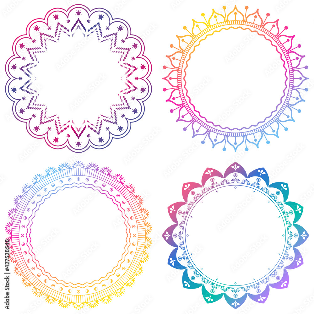 Set of round oriental mandala vector illustrations. Floral wreath ornament