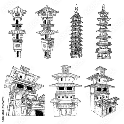Set of Garden decoration of Classic Asian religious Chinese cultural and spiritual architecture. Traditional Zen-like, peaceful hand drawn décor. Vector.