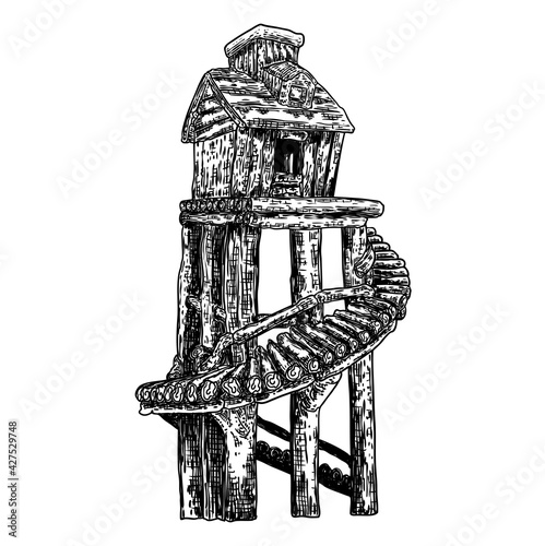 Tree house for living in jungles. Fantasy house on stilts made of wood for living on water. Summer camp vacation kids cabin. Rural bungalow for hunters. Forest shack or booth. Vector.
