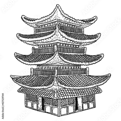 Cultural and religious Japanese pagoda palace. Japan traditional architecture building made of wood. Stupa near temple. Spiritual tomb or monument with tiers and roof eaves. Vector.