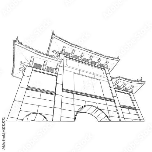 Chinese Archway gates. Travel poster and tourism concept. Gate Arch entrance. Asia or China traditional architecture style. Vector.