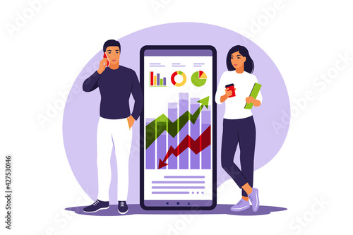 Business people investing into innovation with high potential. Successful investors or entrepreneur. Trading, financial consulting, investment and savings. Vector illustration. Flat.